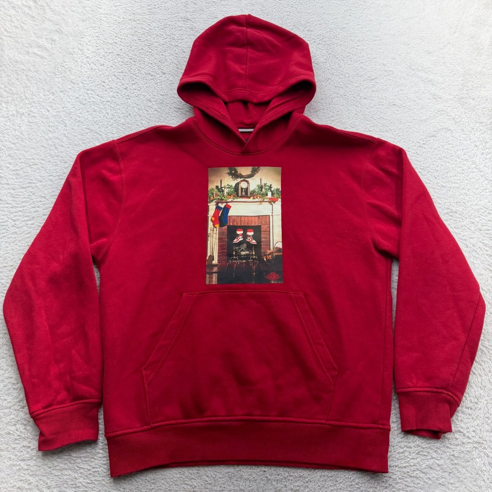 Jordan Brand Mens Red Holiday Fireplace Graphic Fleece Hoodie Small